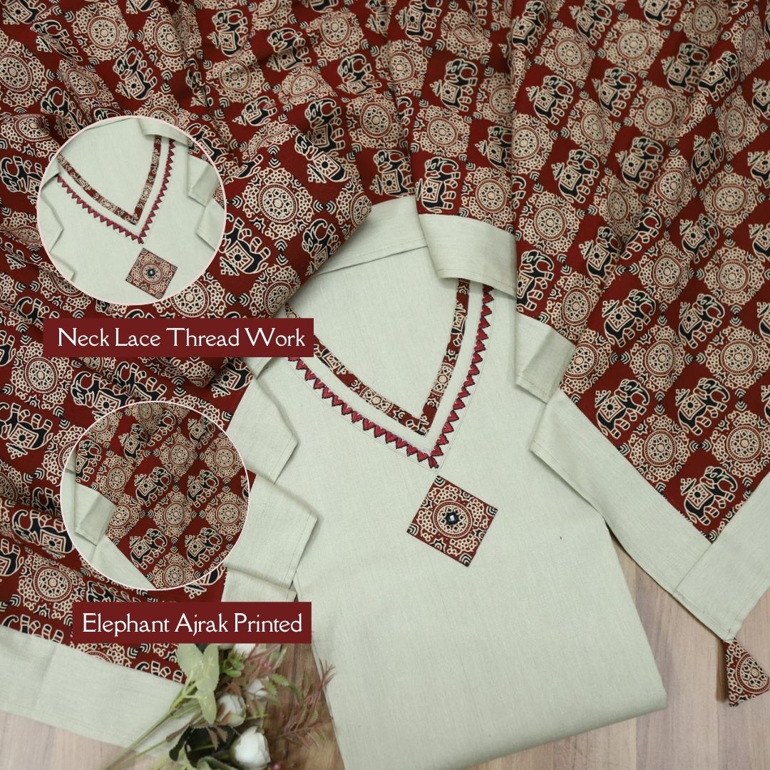 Khuda Khaki Cream V Neck Lace With Thread Work Cotton Flex Suit Set