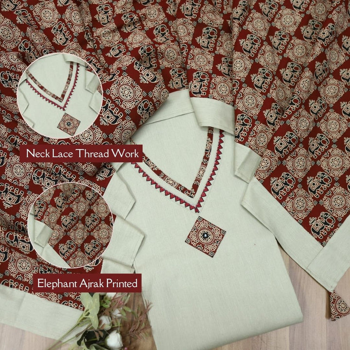 Khuda Khaki Cream V Neck Lace With Thread Work Cotton Flex Suit Set