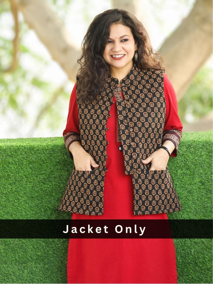 Sejal NIght Black Ban Collar Gamthi Printed Quilted Cotton Jacket with Pocket