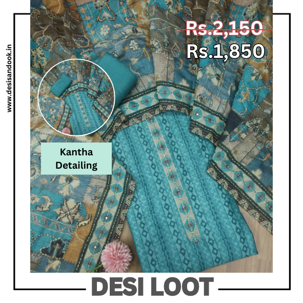 Kashvi Cyan Teal Kantha Embroidery Digital Printed Chanderi Suit Set