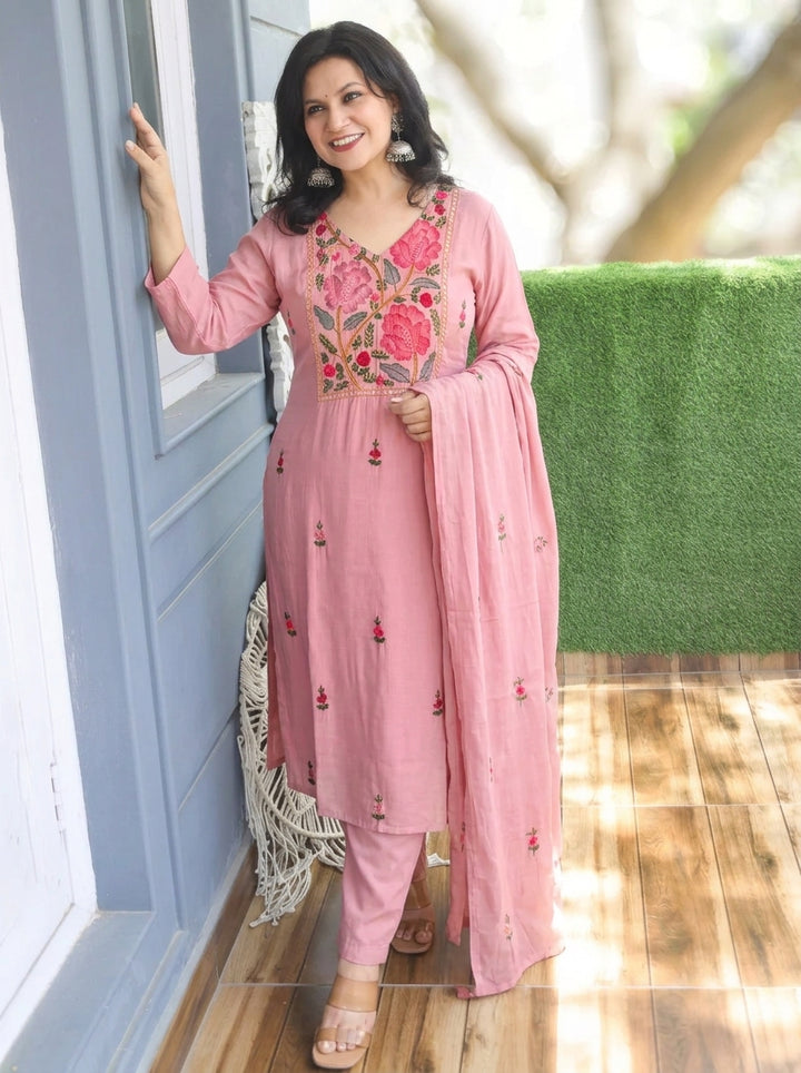 Navira Dusty Rose Kolkata Hand Embroidered 3 Piece Set