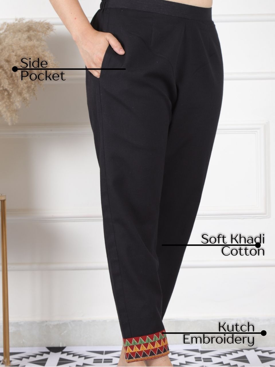 Ebony Black Kutch Embroidery Hem Cotton Flex Trouser-D2