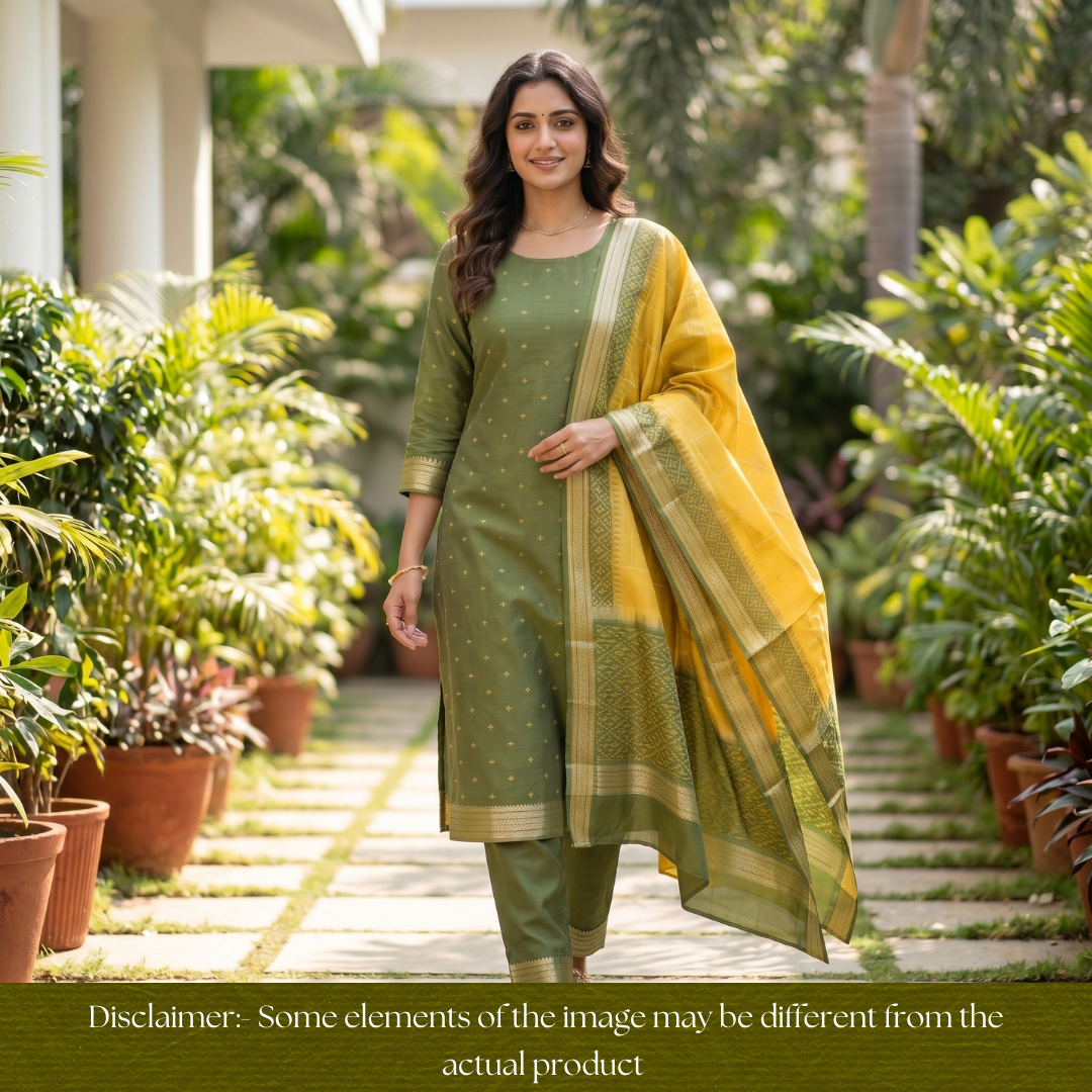 Saheli Leaf Green Golden Ikkat Weaved Tussar Chanderi Silk Set