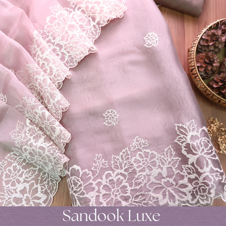 Ragini Fern Mauve Cross-Stitch Hem Work Glass Organza Set
