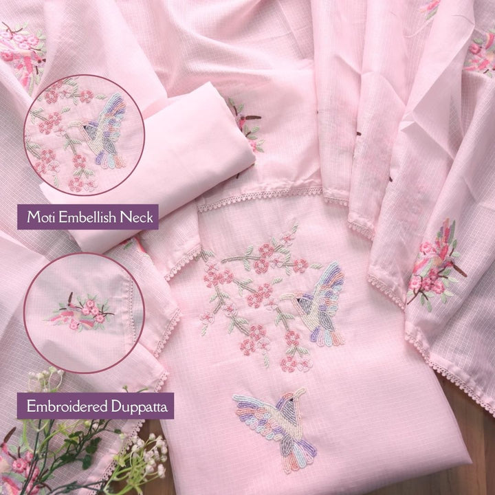 Neelbarri Candy Pink Bird Style Moti Work Neck Kota Doriya Suit Set
