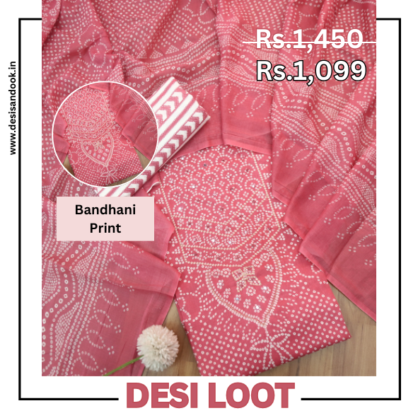 Riwa Rouge Pink French Knot in Zari Detailing Bandhani Printed Cotton Suit Set