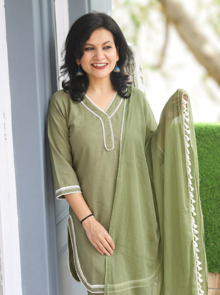 Ahana Sage Green Lace Work Farsi Cotton 3 Piece Set