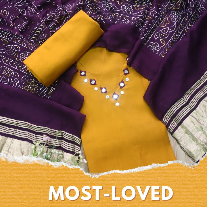 Paaki Canary Yellow Mirror Work V Neck Roman Silk Suit Set