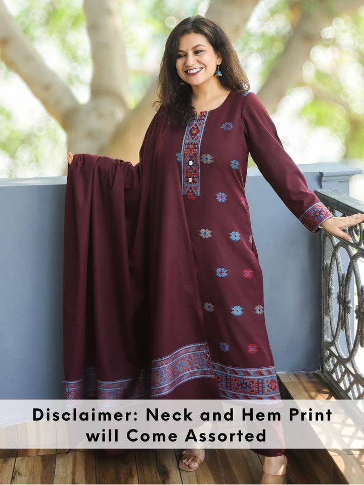 शैलजा Burgundy Wine Round Neck Kullu Thread Weaved Semi Pashmina Winter 3 Piece Set