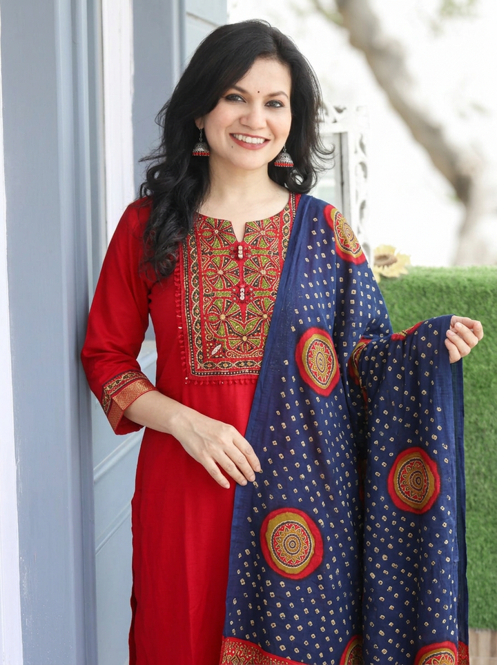 Khusboo Bride Red Mirror Printed Yoke Gajji Silk Set