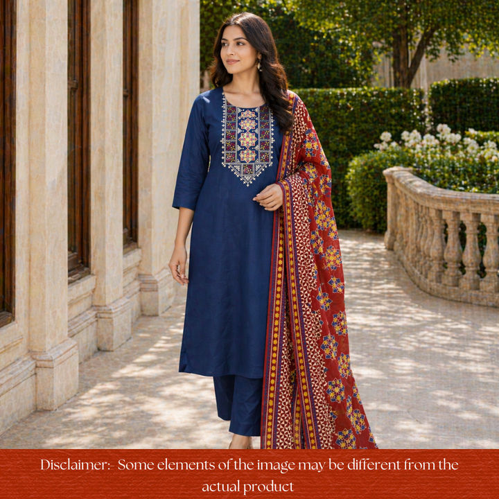 Ruvi Blue Thread Embroidered Neck Work Cotton Rayon Set