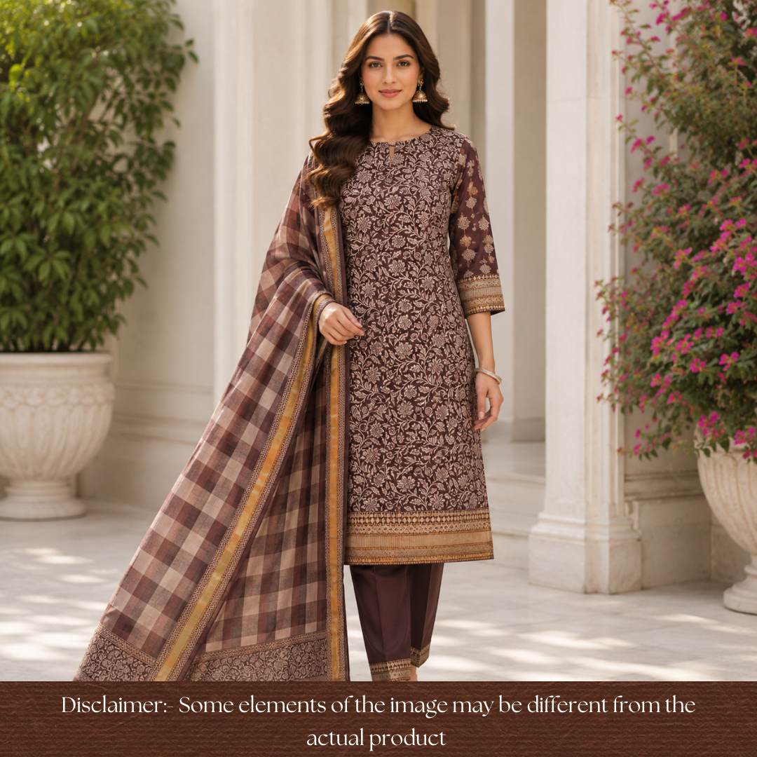 Saarthi Coco Brown Floral Printed Zari Weaved Hem Assam Silk Set