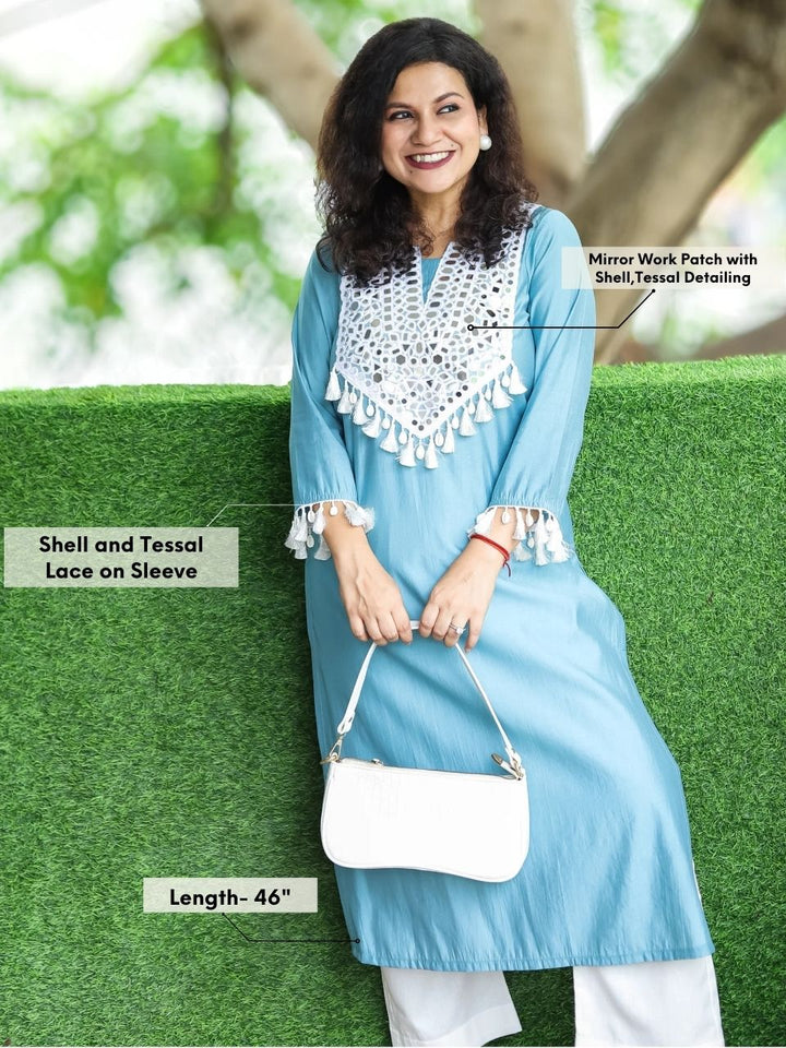 Sitara Powder Blue Mirror Work Patch with Shell and Tessal Detailing Roman Silk Kurti