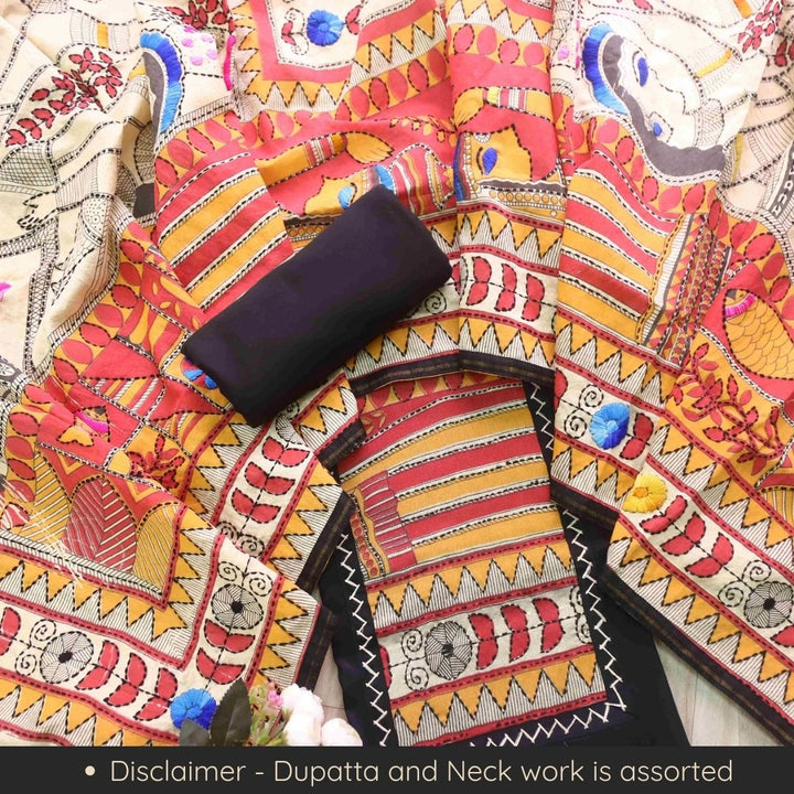 Pankhudi Deep Black Phulkari Work Jam Cotton Top With Art Silk Dupatta