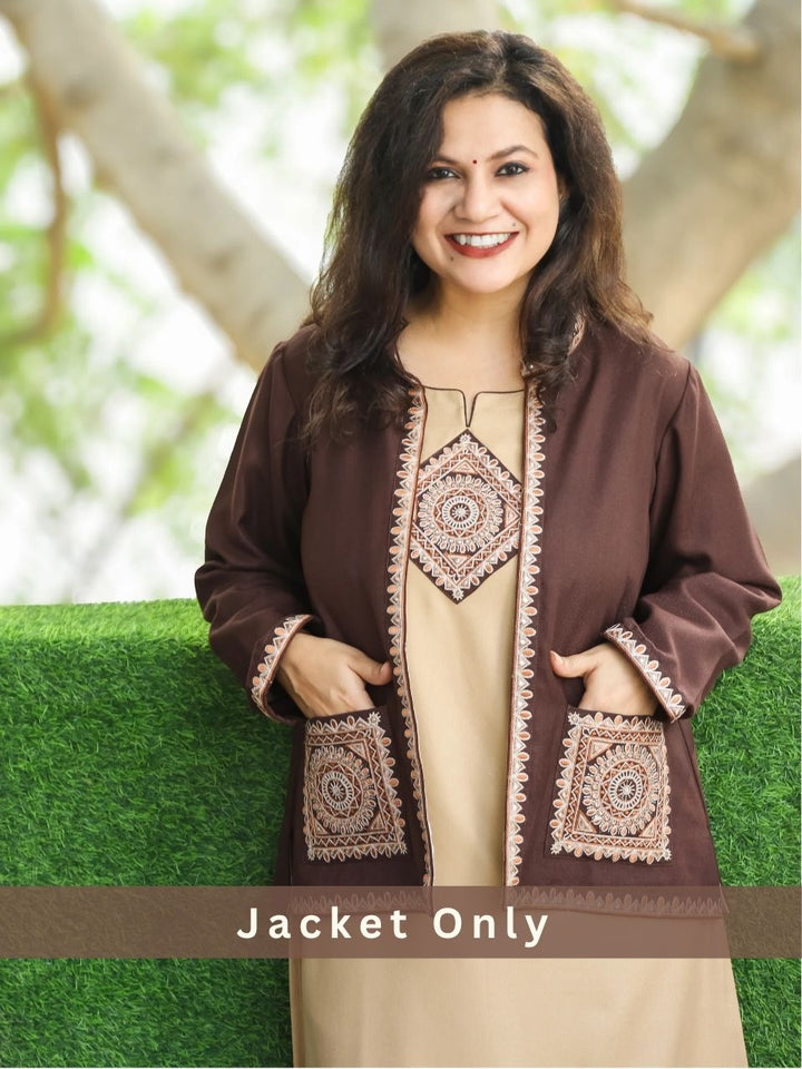 Sejal Chocolate Brown Ban Collar Embroidered Semi Pashmina Jacket with Pocket