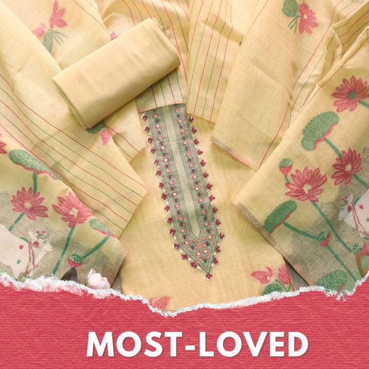 Rubaaroo Pine Yellow Thread with Pichwai Jamdani Weaved Suit Set