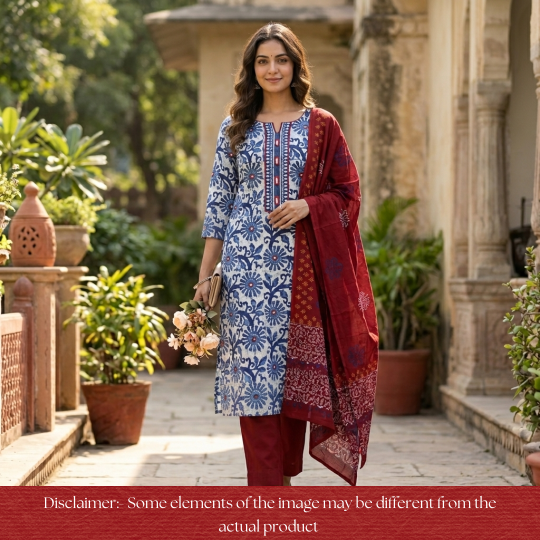 Bhanushi Indigo Blue  Kutch Mirror Dabu Printed Cotton Suit Set D2