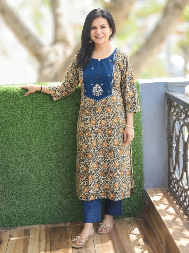 Advika Blue Yoke with Green Kalamkari Print Cotton 2 Piece Set