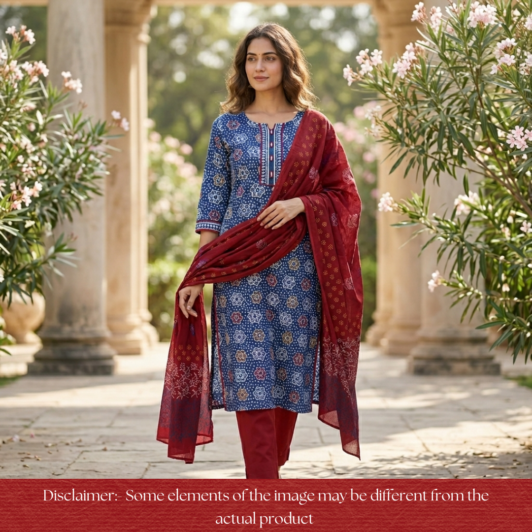 Bhanushi Indigo Blue  Kutch Mirror Dabu Printed Cotton Suit Set D3