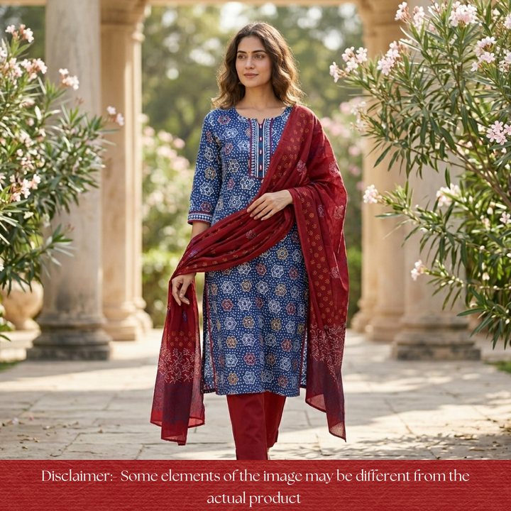 Bhanushi Indigo Blue  Kutch Mirror Dabu Printed Cotton Suit Set D3