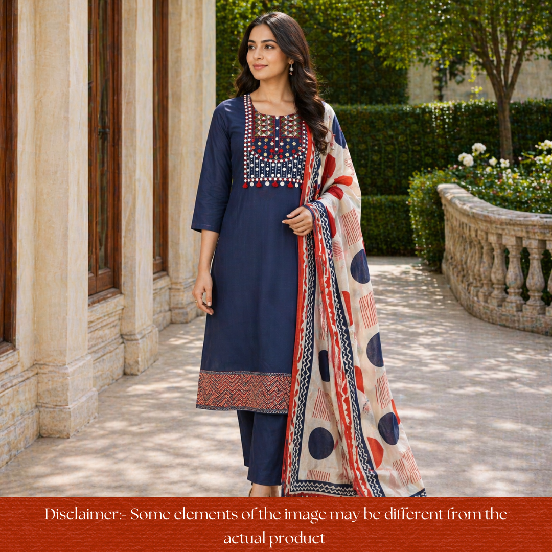Alisha Denim Blue Embroidered Neck with Patra Rayon Set