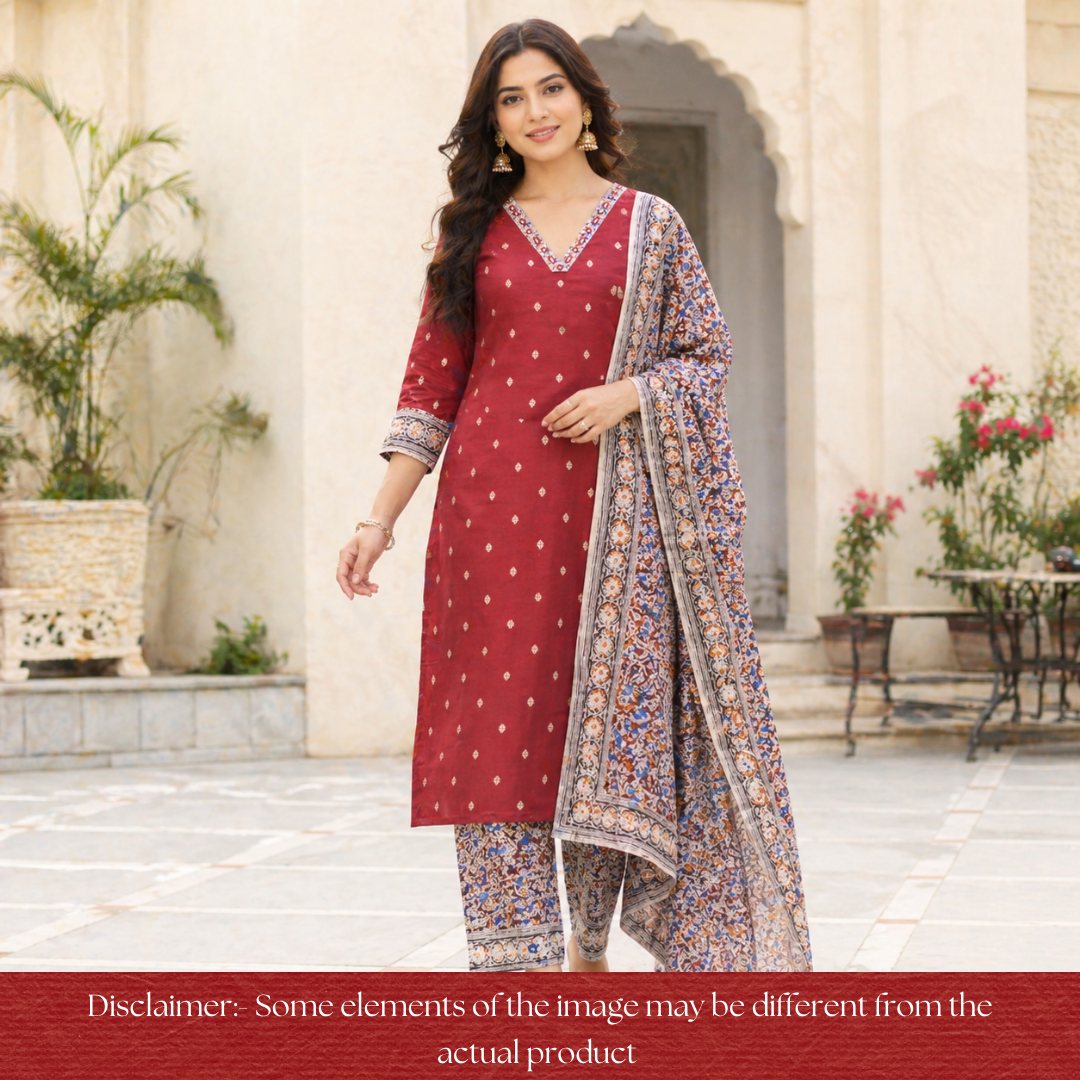 Rushna Maroon Red Kalamkari V Patch Thread Weaved Cotton Set