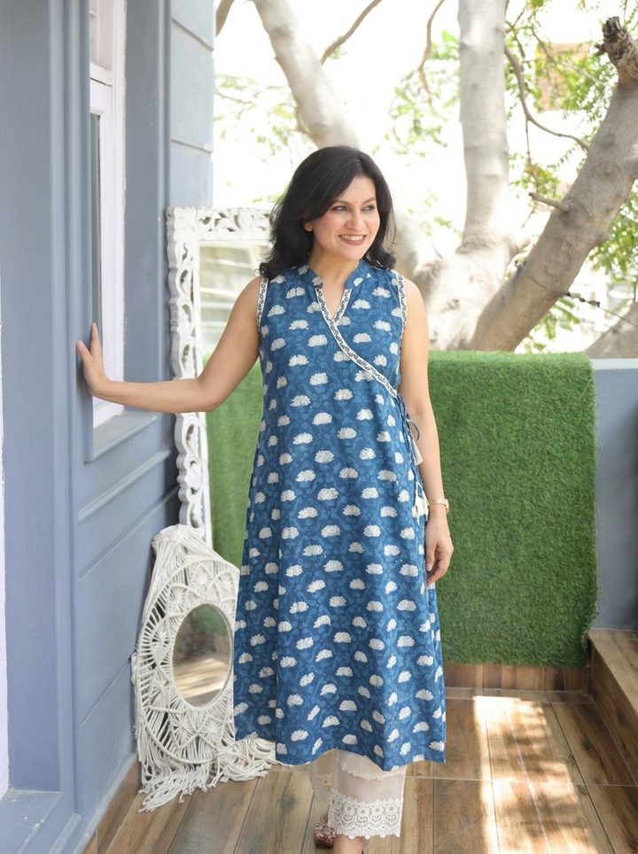 Varsha Indie Blue Angrakha Dabu Print Cotton Kurti