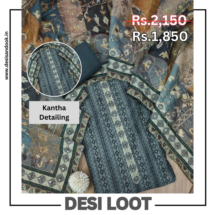 Kashvi Charcoal Grey Kantha Embroidery Digital Printed Chanderi Suit Set