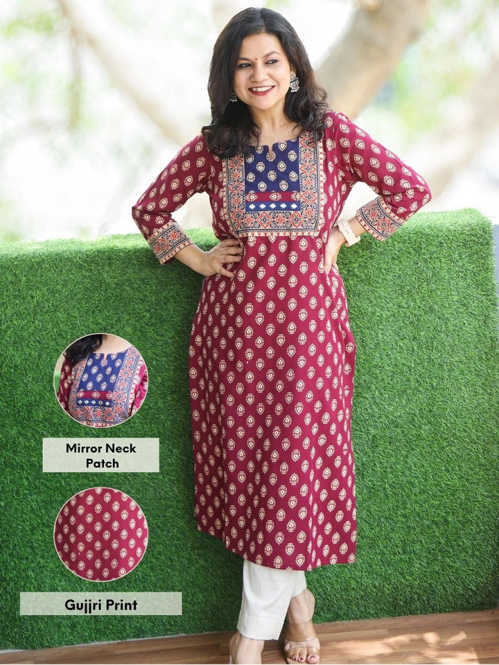 Neelbarri Cranberry Red Gujjri Print Blue Patch With Mirror Work Cotton Kurti