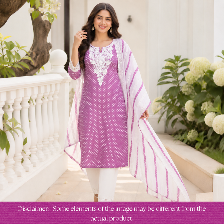 Sunaina Helio Mauve Floral Lace Neck Work Polka Dot Cotton Set