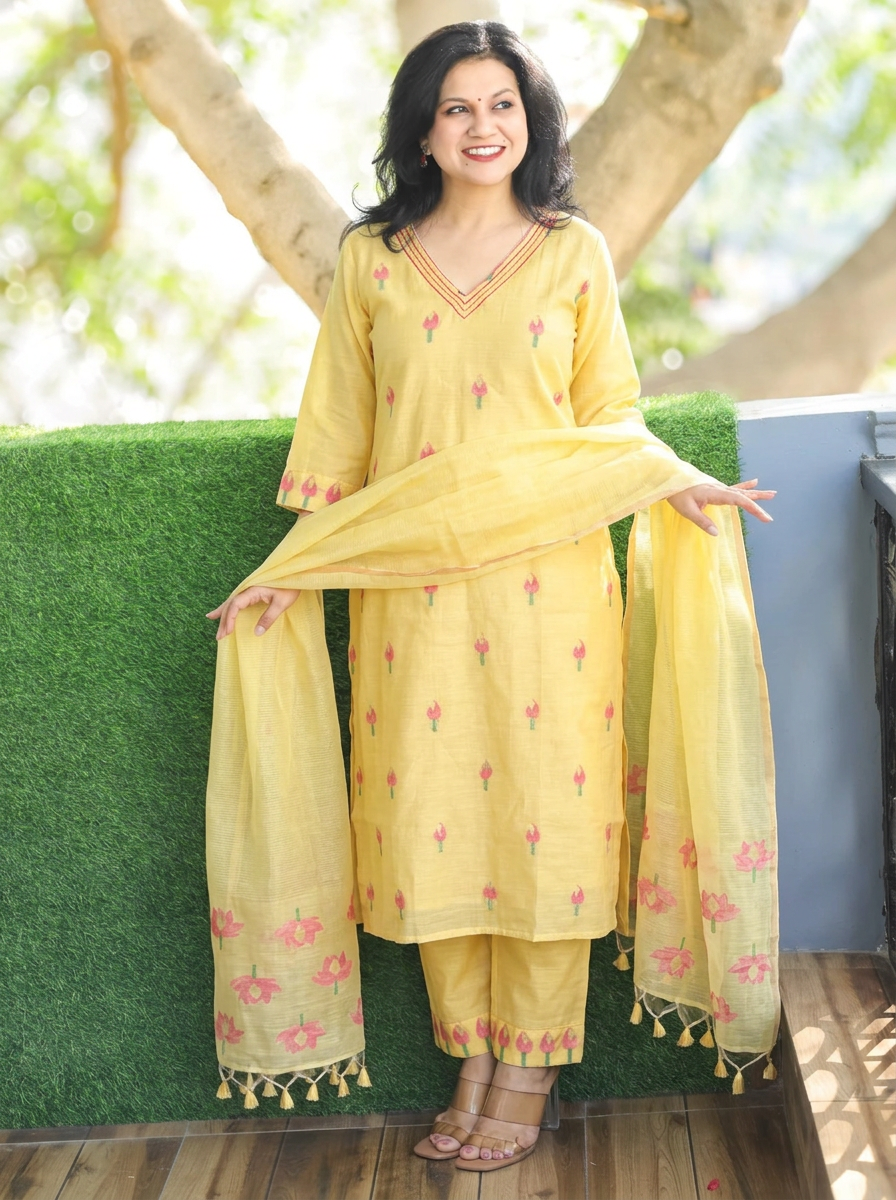 Roohi Yellow Floral Jamdani Weaved 3 PIece Set