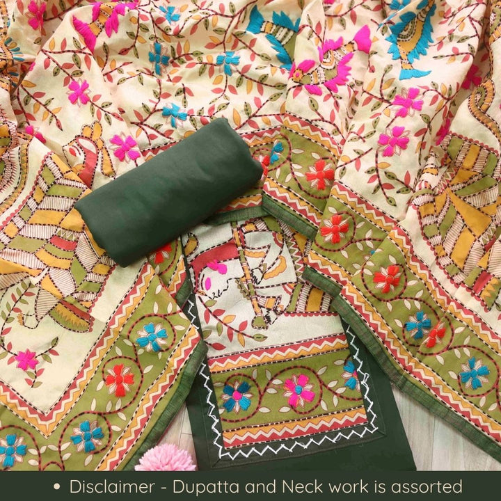 Pankhudi Forest Green Phulkari Work Jam Cotton Top With Art Silk Dupatta