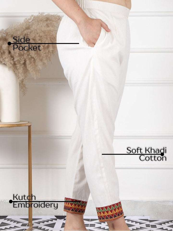 Shell White Kutch Embroidery Hem Khadi Cotton Trouser-D2