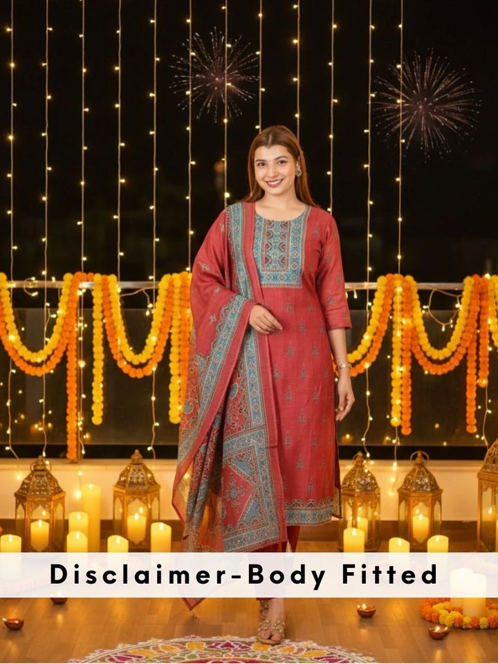 Jhanvi Mauve Red Digital Printed Neck with Kantha Detailing Chanderi 3 Piece Set