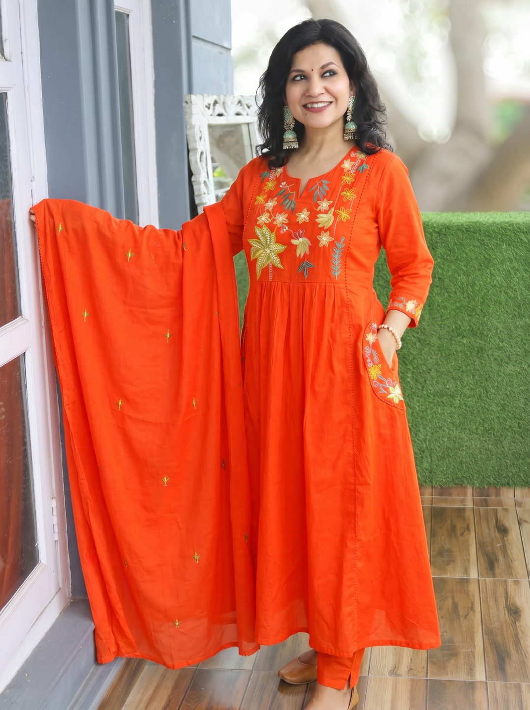 Shiwangi Tangerine Orange Embroidered Mul Cotton 3 Piece Set
