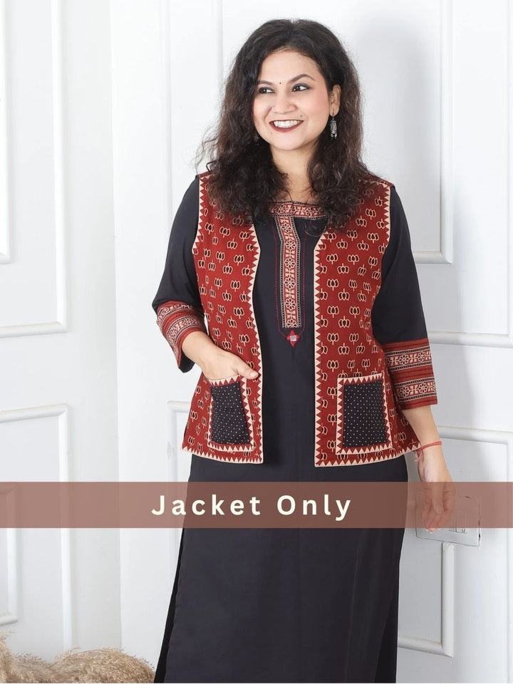 Sejal Maroon Red Lotus Printed Cotton Jacket with Pocket