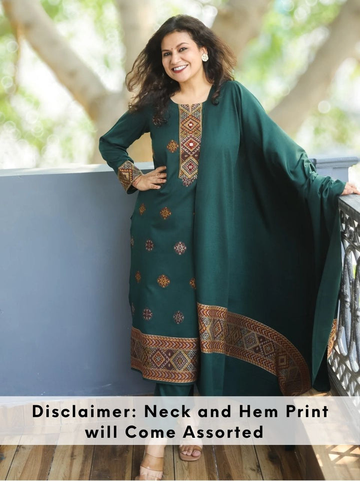 शैलजा Dark Green Round Neck Kullu Thread Weaved Semi Pashmina Winter 3 Piece Set