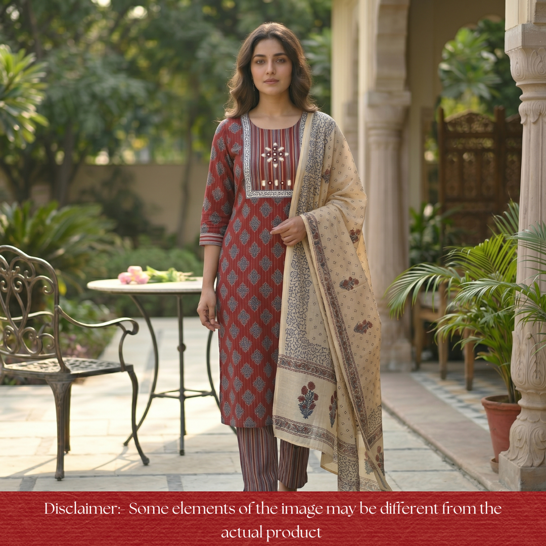 Seyri Berry Red Kutch Patch with Mirror Work Ajrakh Print Cotton Set