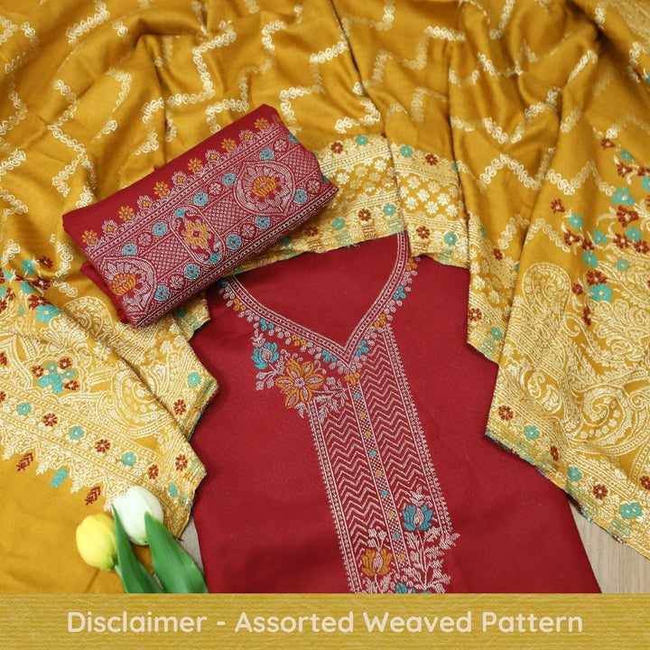 शिवानी Berry Red All Over Thread and Zari Weaved Semi Pashmina Winter Set