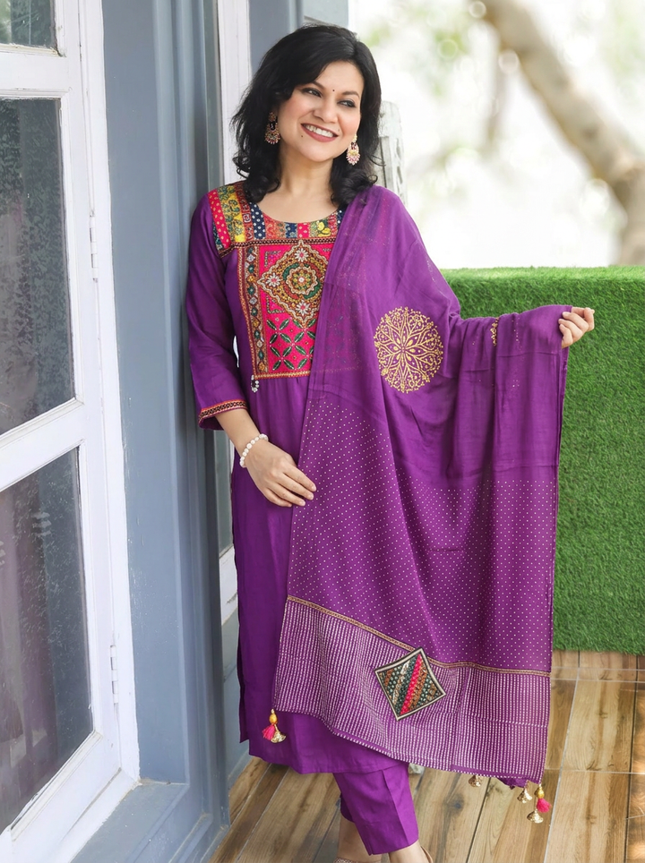 Arya Jamuni Purple Kutch embroidery Modal 3 Piece Set