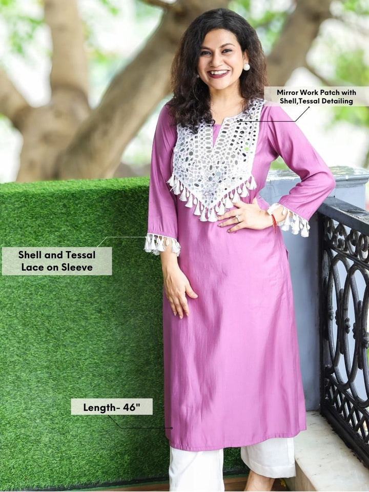 Sitara Lilly Lilac Mirror Work Patch with Shell and Tessal Detailing Roman Silk Kurti