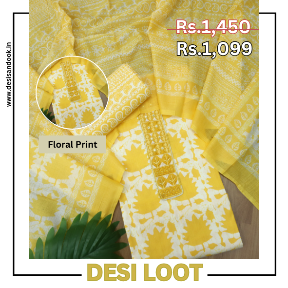 Ulfat Corn Yellow Patch Lace Work Floral Printed Cotton Suit Set