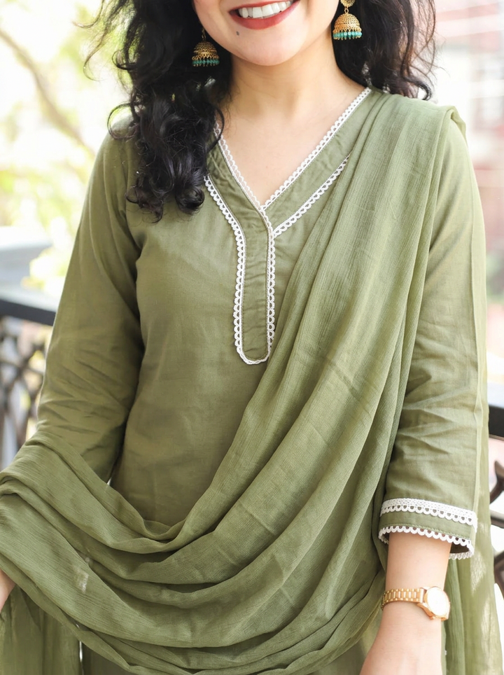 Ahana Sage Green Lace Work Farsi Cotton 3 Piece Set