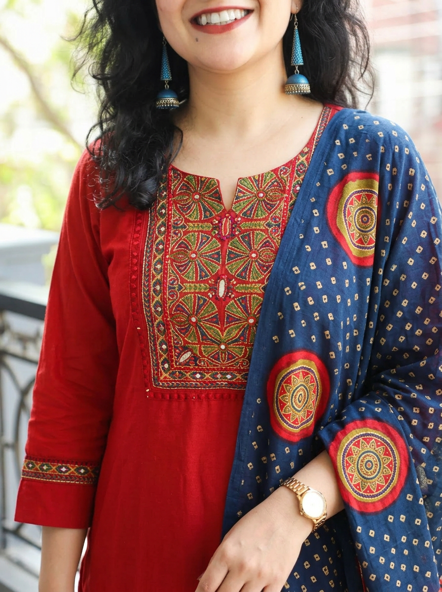 Khusboo Bride Red Mirror Printed Yoke Gajji Silk Set