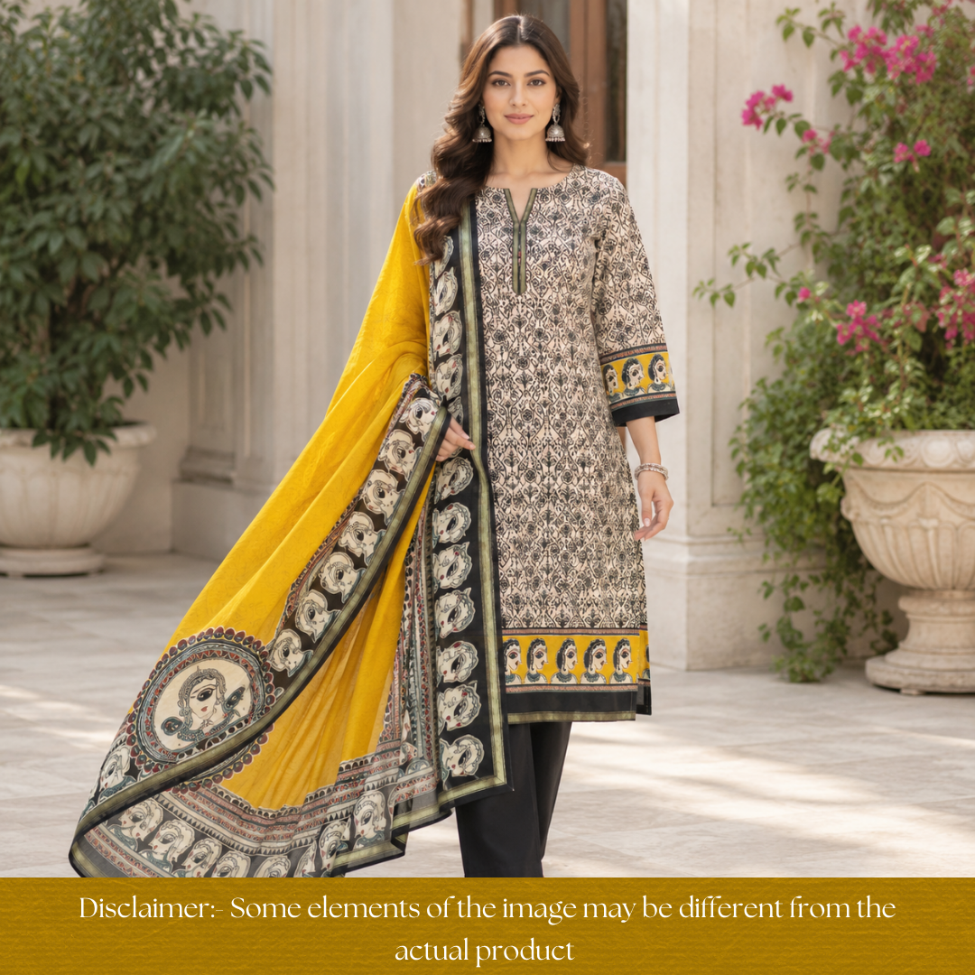 Parineeti Shell Beige with Yellow Kalamkari Print Maheswari Chanderi Set