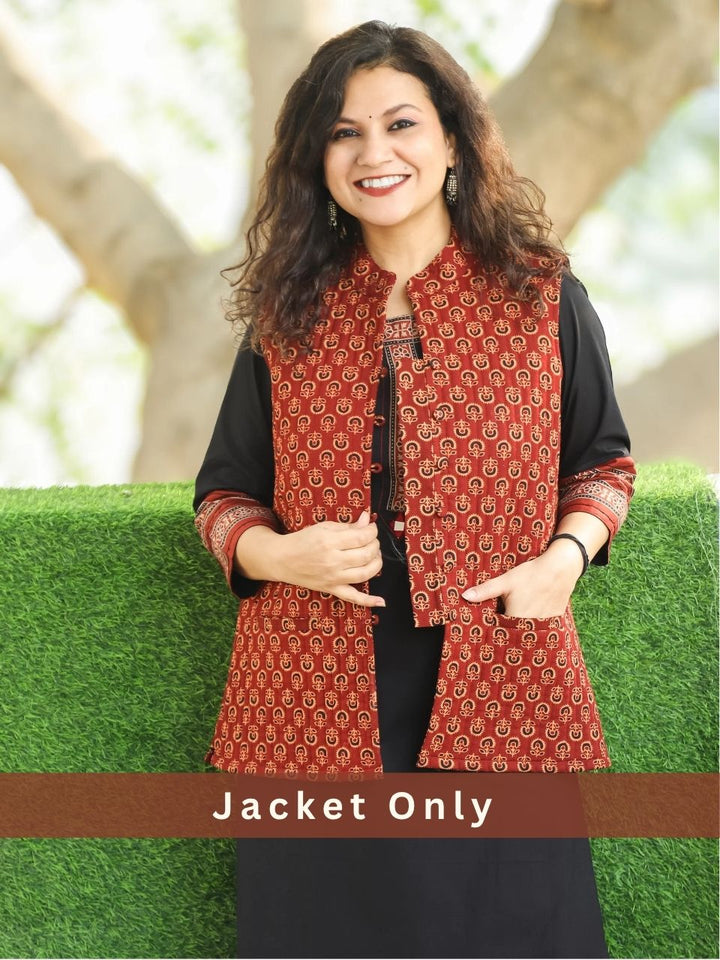Sejal Maroon Red Ban Collar Gamthi Printed Quilted Cotton Jacket with Pocket