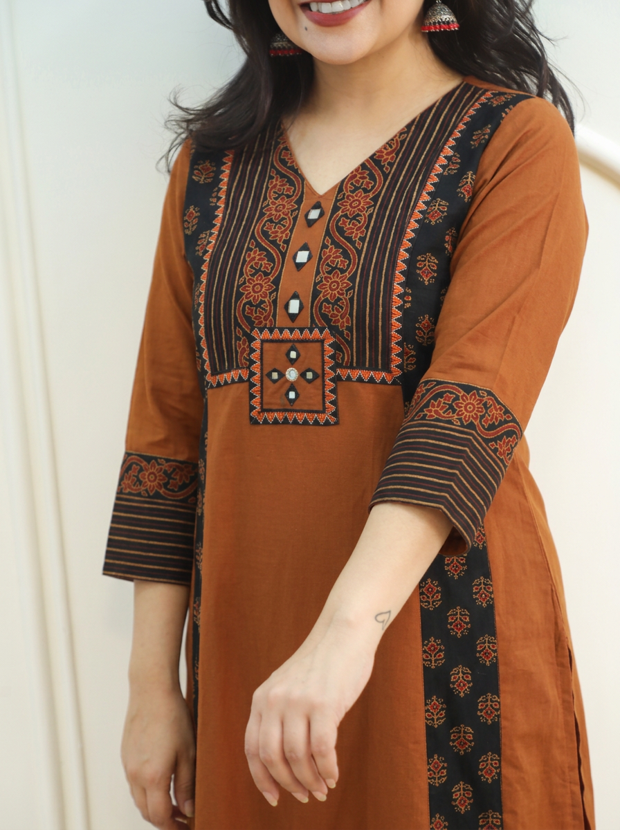 Drishti Burnt Rust Triple Panel Ajrak Yoke with Mirror Cotton Kurti