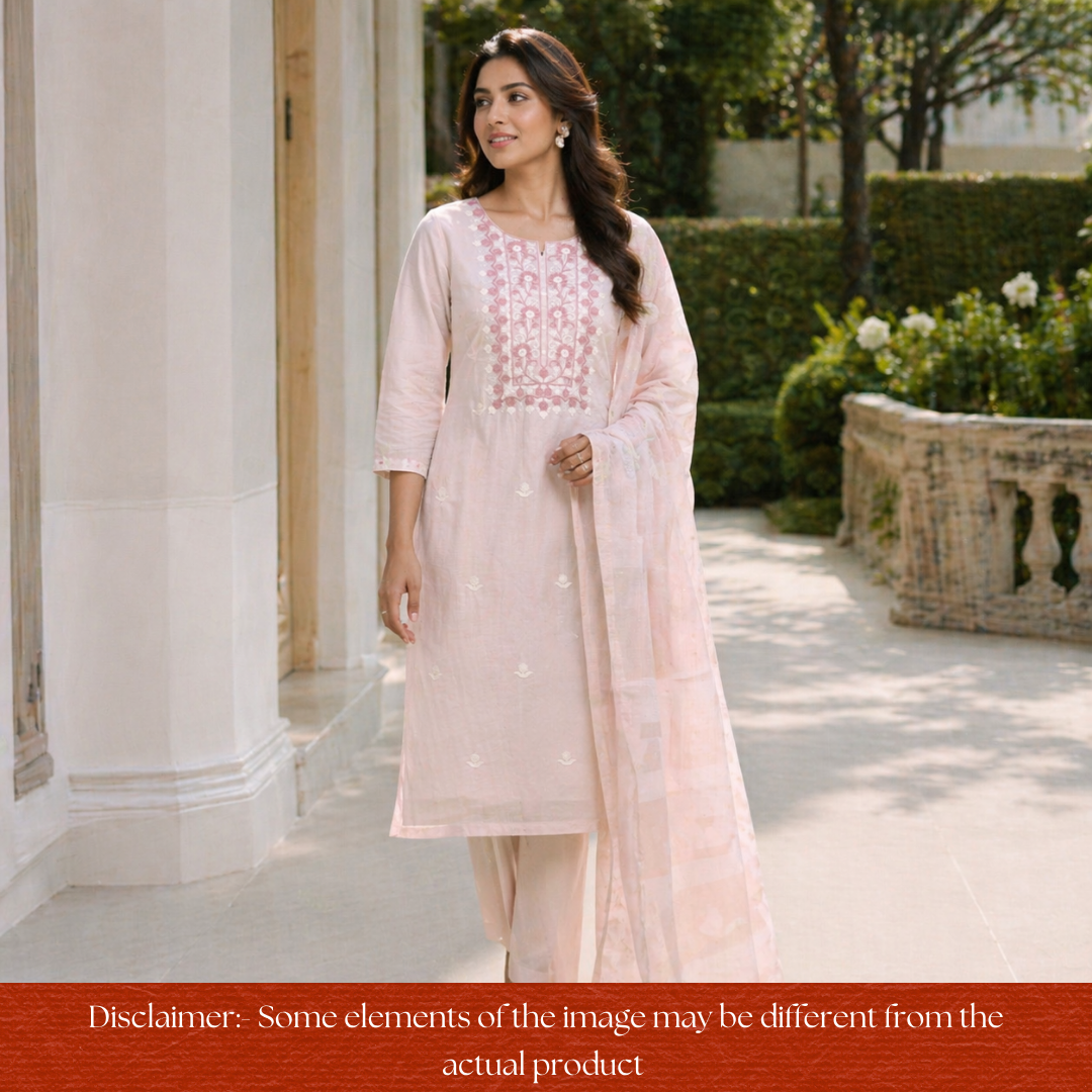 Avisha Beige Kashida Embroidered Work Chanderi Suit Set