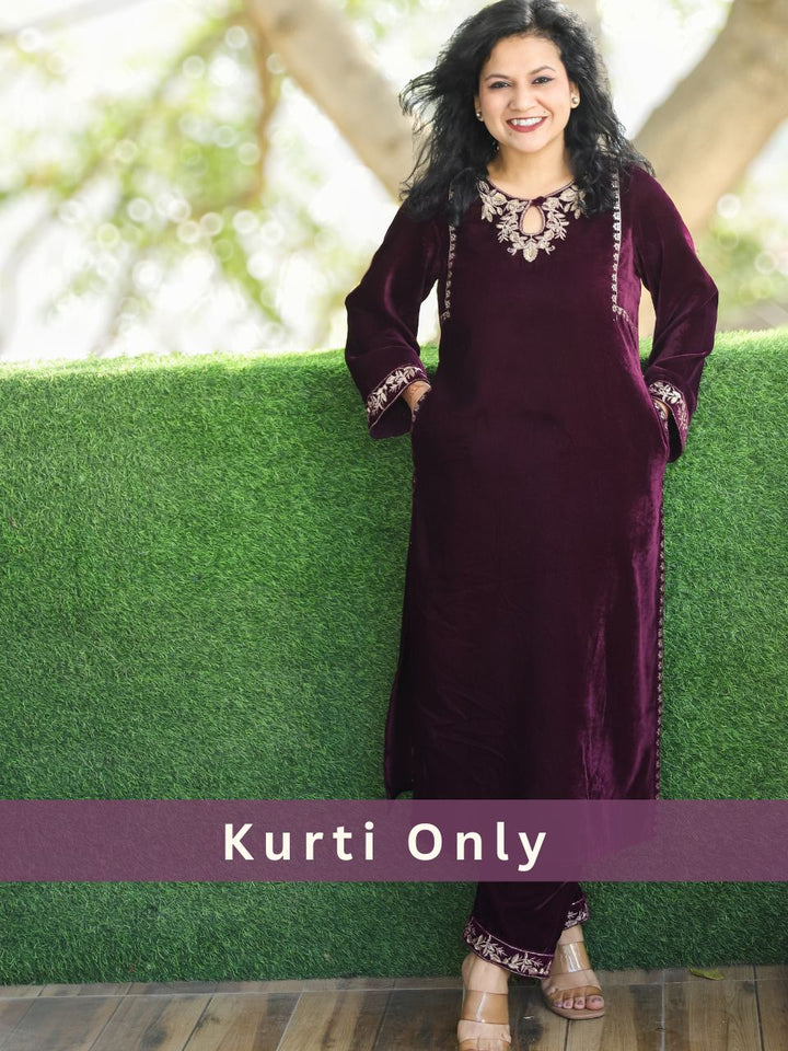 Inayat Raisin Purple Embroidered Keyhole Neck Velvet Winter Kurti