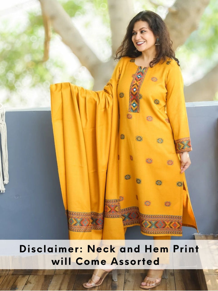 शैलजा Dijon Yellow Round Neck Kullu Thread Weaved Semi Pashmina Winter 3 Piece Set